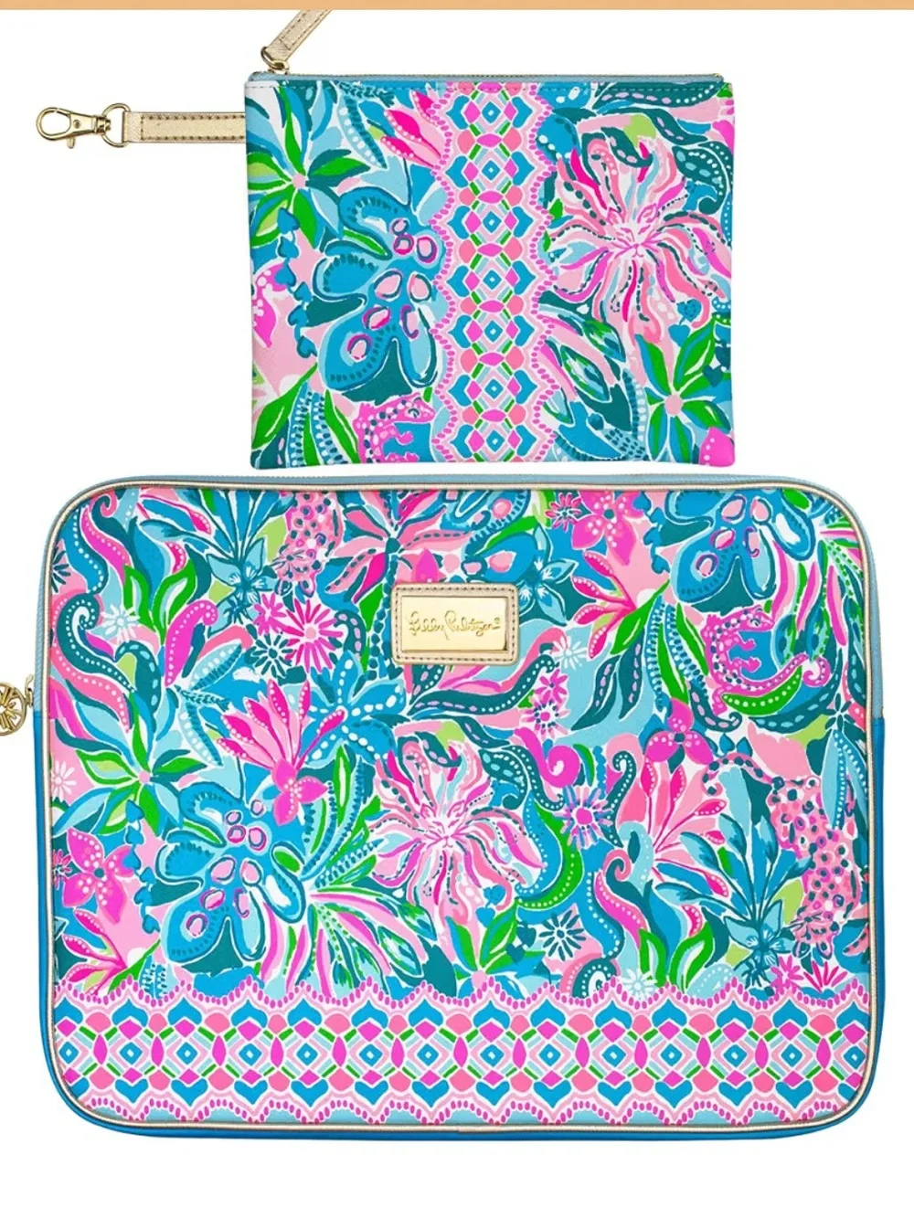 Lilly Pulitzer Pink, Blue & Green Floral Laptop Sleeve with Zip Pouch